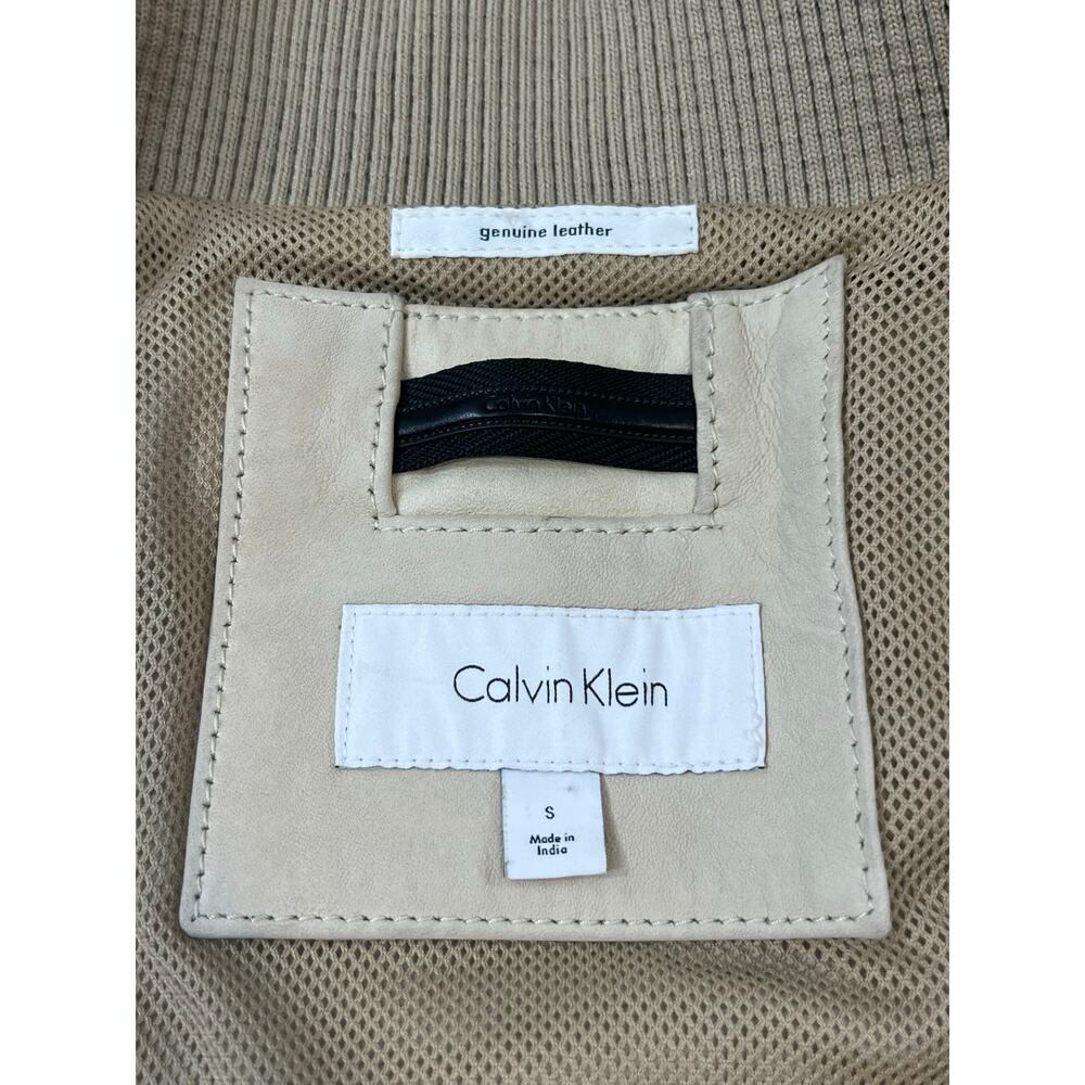 Calvin Klein Genuine Leather Bomber Jacket‎ Beige Mens Size S - Picture 3 of 9